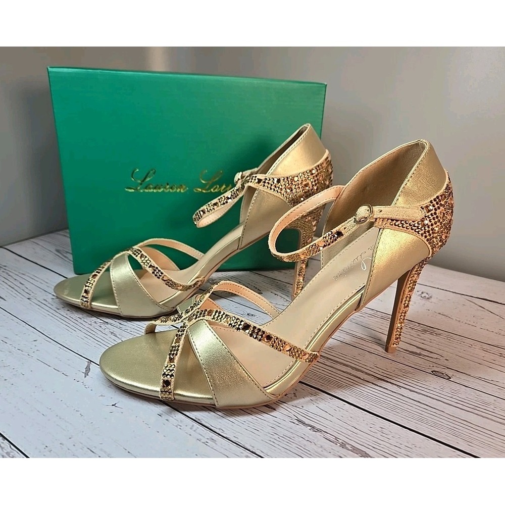 Lauren Lorraine Daisey Gold Rhinestone Heels Evening Party Holiday Sparkle Sz 9